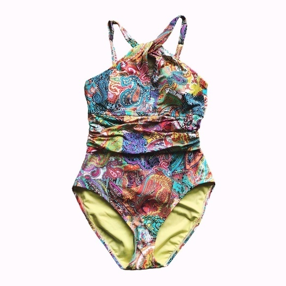 Bleu Rod Beattie Paisley Halter High Neck Swimsuit Multicolored Size 8 - Picture 13 of 14